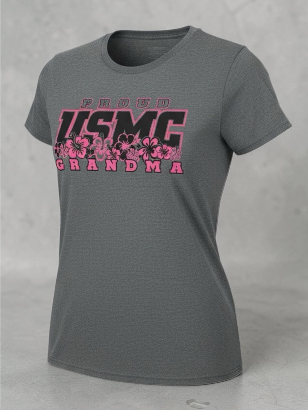 Frontline USMC Proud Grandma Hibiscus T-Shirt Women's Large Gray Pink NWT